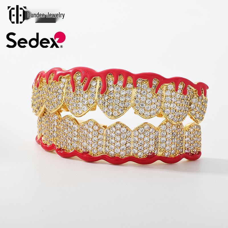 Hot Selling Halloween Hip Hop Grillz: Real Gold Plated Copper, Punk Zircon Paved, Big Gold Tooth Jewelry.