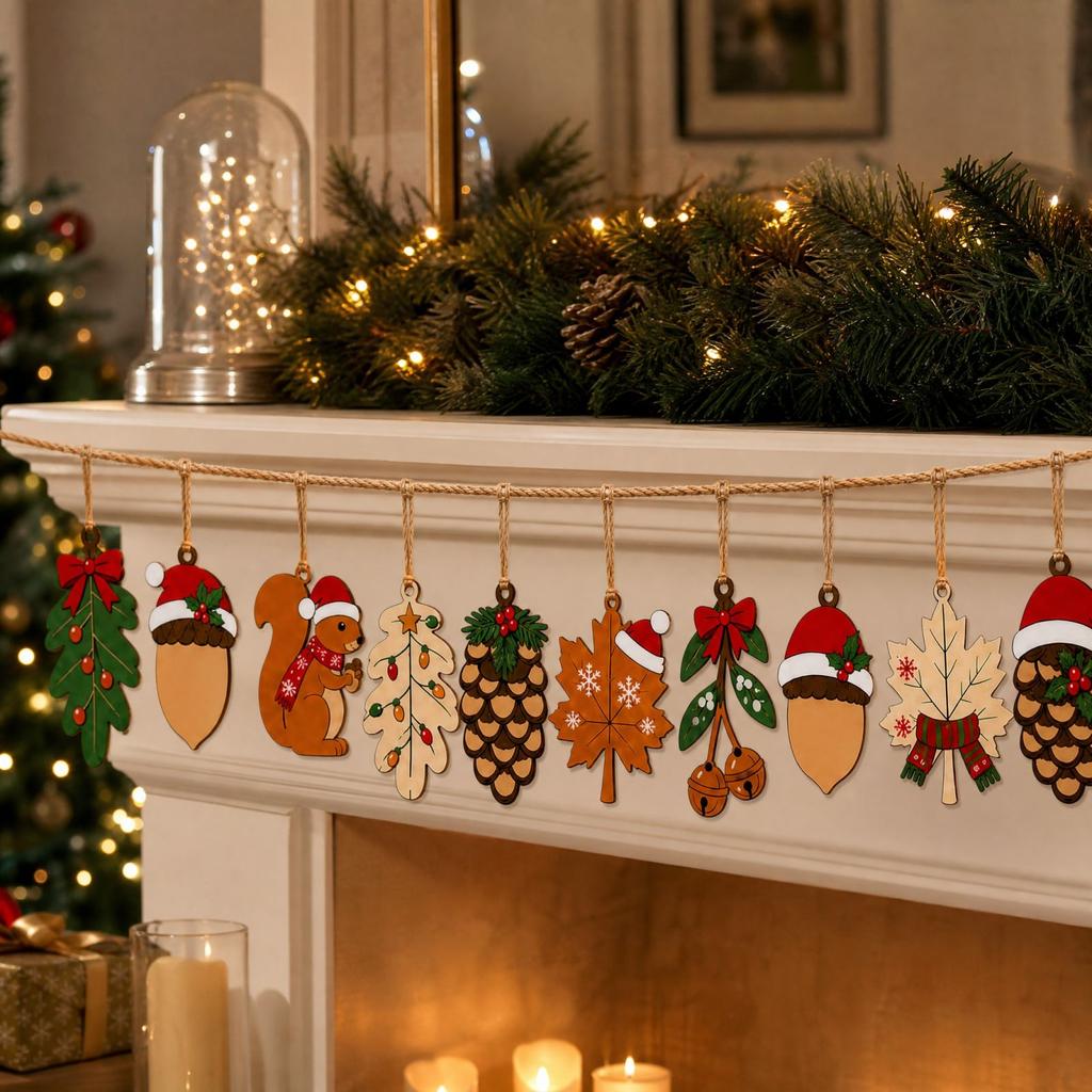 Flat Wooden Christmas Hanging Ornaments with, Set of 8 for Holiday Tree Decor