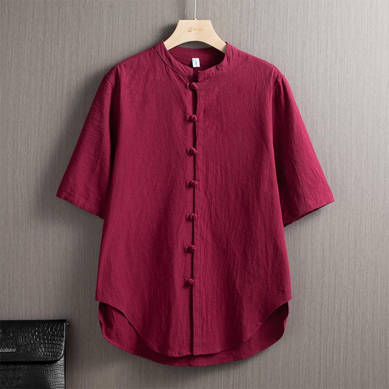Chinese Style Cotton and Linen Short-sleeved Shirt Men's Summer Retro Stand-up Collar Buckle Half-sleeved Shirt Loose Casual Shirt
