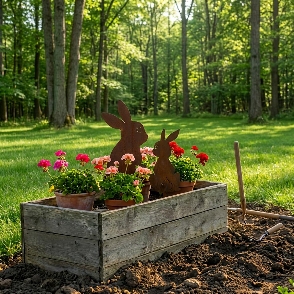 2PCS Rustic Metal Rabbit Garden Stakes Easter Yard Art Lawn Decor