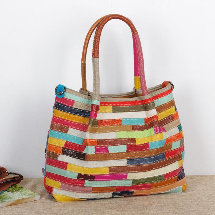 Bohemian Design Leather Bag Flower Contrasting Color Woven Casual Tote Shoulder Messenger Bag Women'S Bag