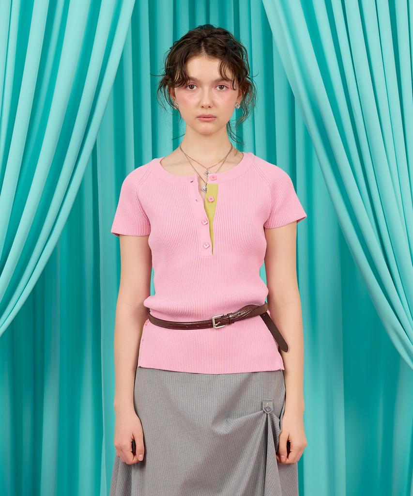 HERETIC Button Henryneck Cut-Off Knit / Pink
