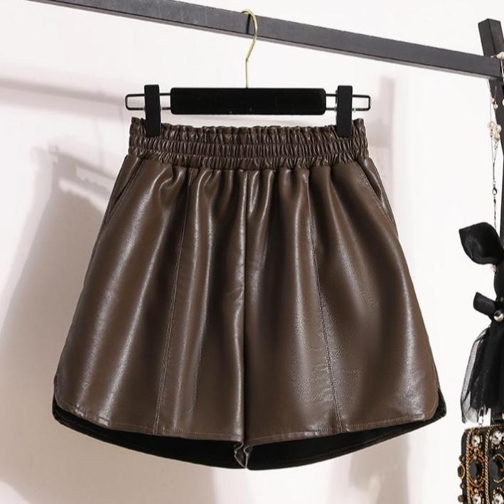 

DIMANAF 2024 Большие размеры осень-зима шорты женские трапециевидные новые повседневные мягкие широкие брюки из искусственной кожи свободные короткие брюки 5XL коричневый