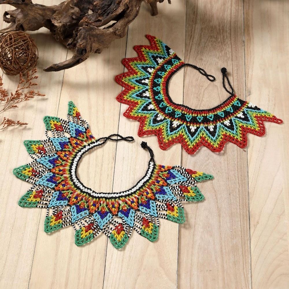 Ethnic Style Bead Chunky Necklace Multicolor Handmade Woven Choker Necklace Vintage Bohemian Mesh Bib Collar Tribal Accessories