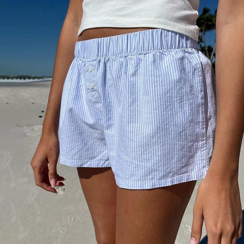 Fashion Summer Simple Striped Women Beach Shorts Loose Elastic Waist Sports Casual Short Pants Elegant Buttons Simple Basic Thin Women's Clothing
