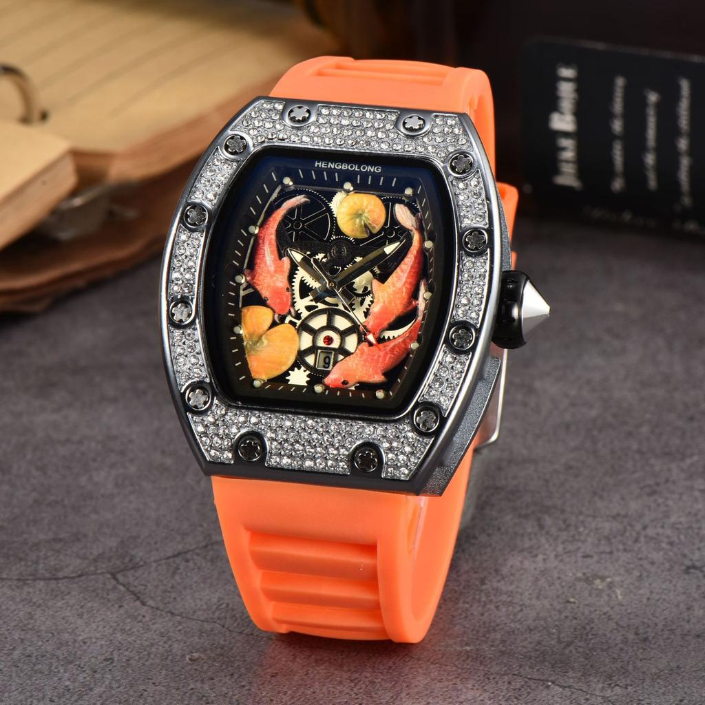 2025 Hengbolong Diamond Quartz Watch Men's Fashion Koi Pattern Strap Calendar Silicone Watch Strap