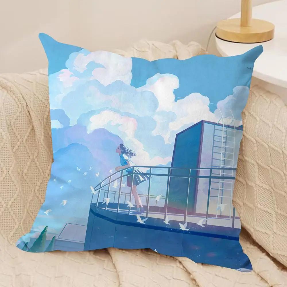 Anime Scenery Design Cushion Cover Silky Short Plush Invisible Zipper Dustproof Sofa Pillow Case for Home Decor