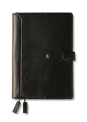 [LIB] A5 Water-Repellent Genuine Leather Planner Cover with Belt, Pen Holder, Two Bookmark Strings, and Three Pockets (Black Holes)