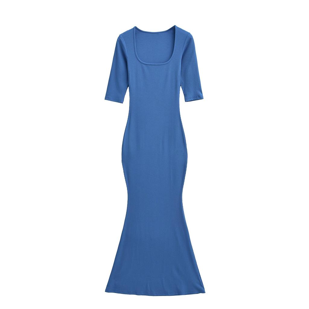 Spicy Girl Slim-Fit Trapezoid Neck Mid-Sleeve Fishtail Dress - Waist-Cinching, Figure-Flattering Skirt