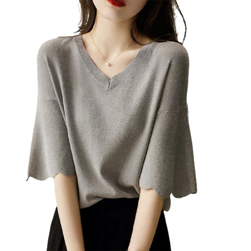 Womens Summer Knitting Shirt Petal Sleeve V-neck Top Loose Short Sleeve Ice Silk Sweater Thin Style Womens Fashion Shirt 14799