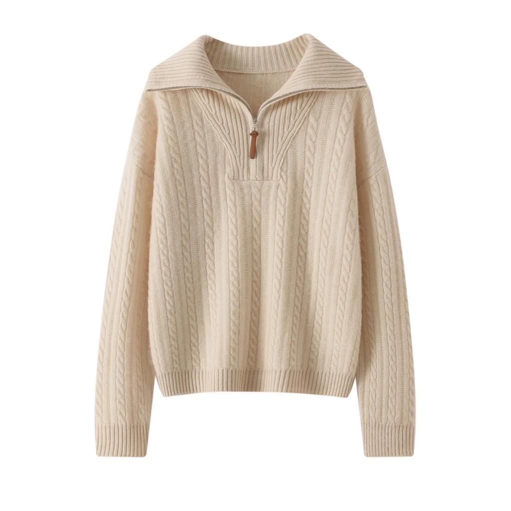 Little He Women's Half-Open Lapel Cashmere Sweater, Cable Knit, Seven-Gauge Thickened Wool, Simple Winter Wear