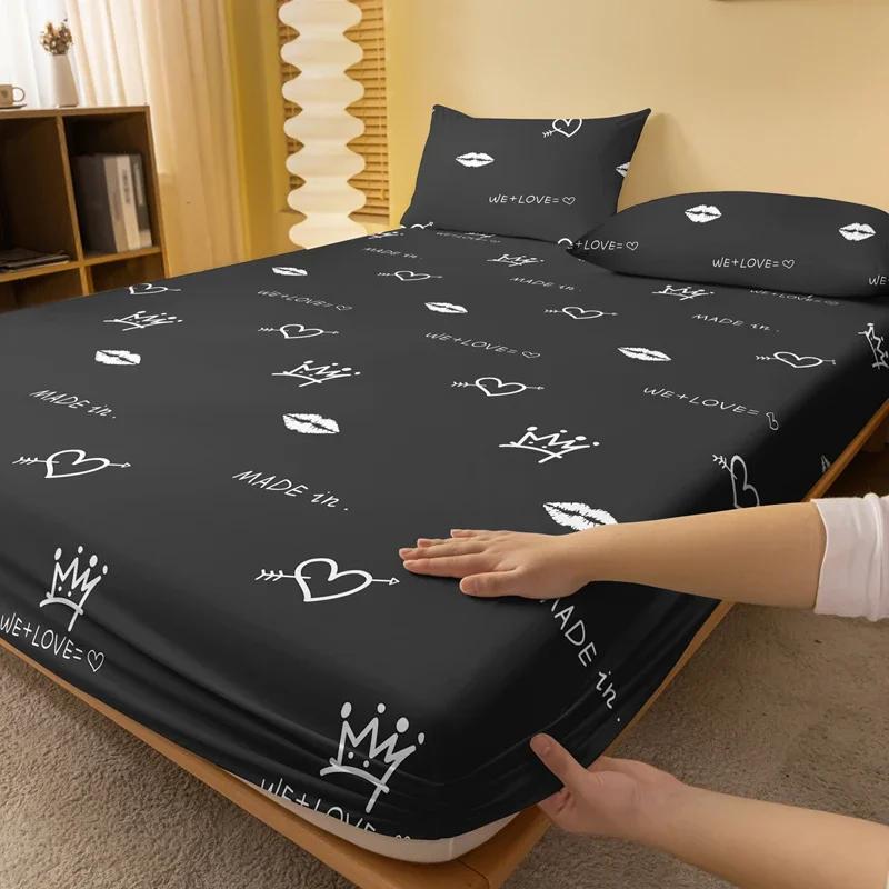 1 Simple Modern Fun Heart-Shaped Geometry Printed Matte Fitted Sheet, Bedroom Printed Bed Cover, Bedding (Excluding Pillowcases)