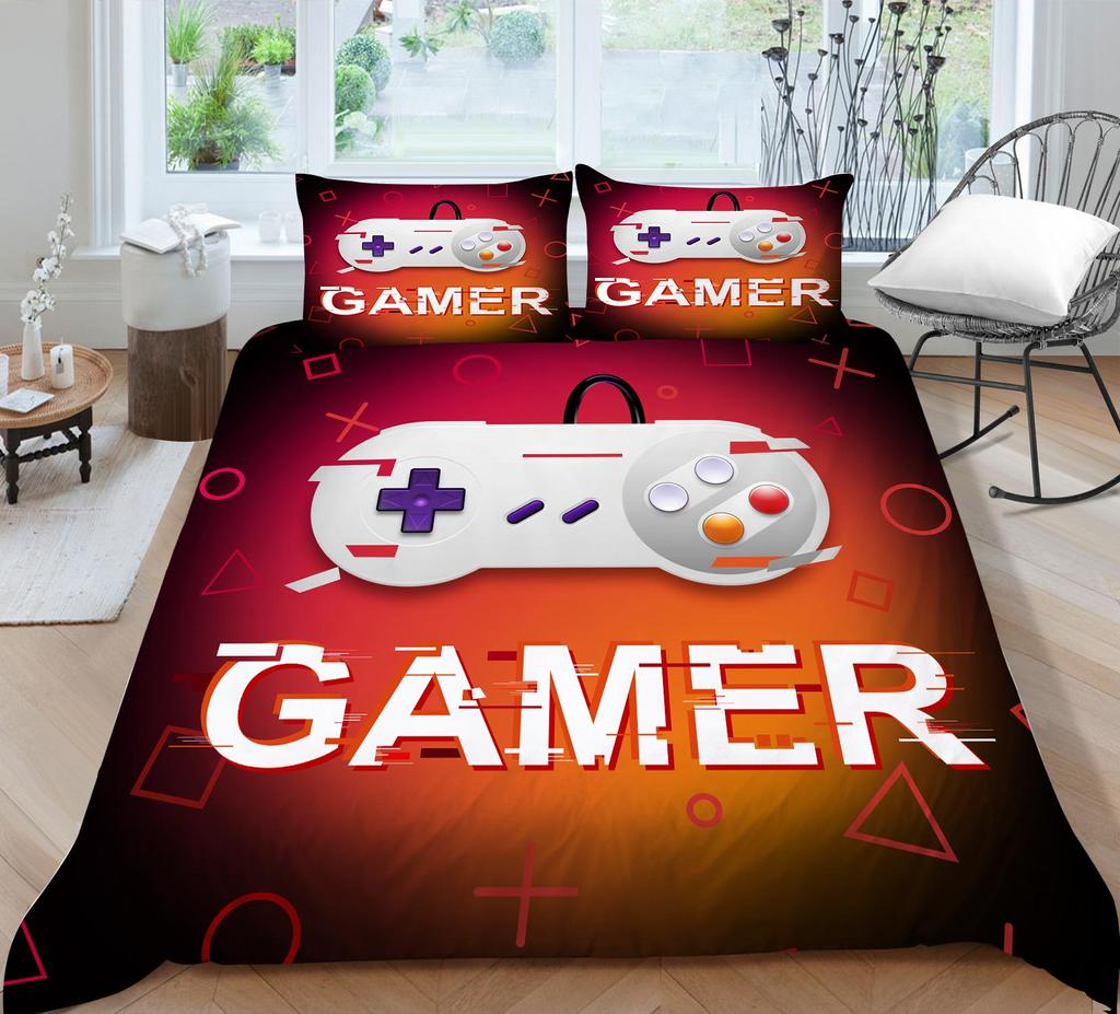 3D Bedding Single Double Bed Game Machine Printed Pillowcase and Quilt Cover 2/3 Pieces for Boys and Men Game Lovers Comfortable Household Bedding