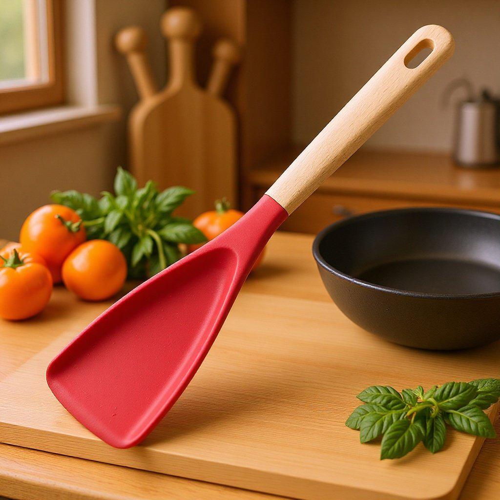 Large Black Silicone Spatula with Wooden Handle - Heat Resistant, Non-stick Kitchen Tool