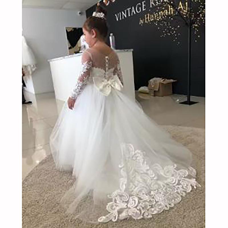 

Длинные рукава платья для девочек-цветочниц свадебные платья для гостей дети подружки невесты бант белый слоновая кость кружево тюль первый 150cm бежевый