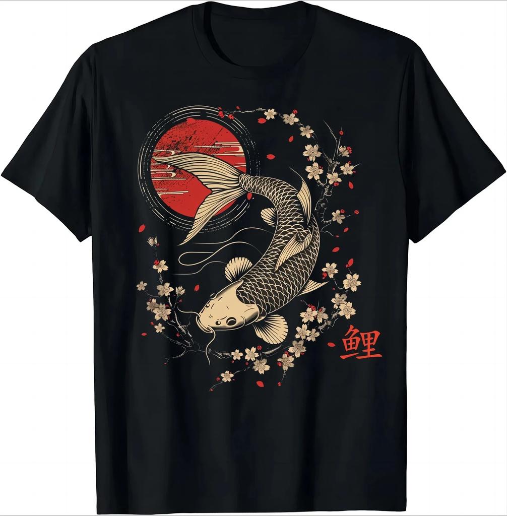 Cherry Blossom Koi Carp Fish Japanese Sakura Graphic Art T-Shirt Fashion O-neck Tops Tees Tshirt Women Fitness T Shirt Fashion