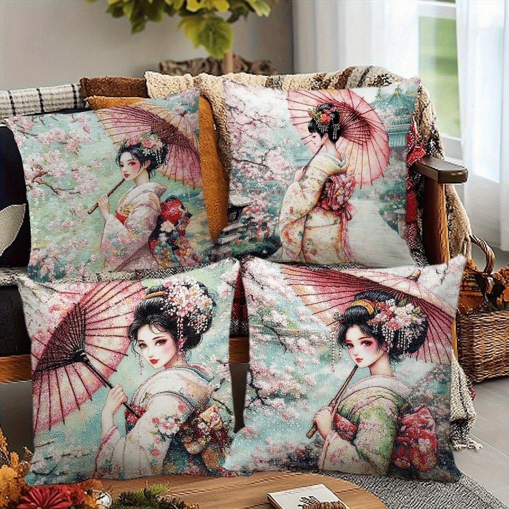 Japanese Geisha Pillowcase, Cherry Blossom & Umbrella Design, Oriental Home Decor Cushion Cover