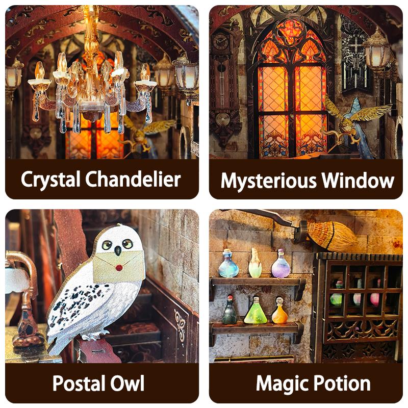 DIY Book Nook Wooden Miniature Model Kits Magic Academy Casa Bookend 3D Puzzle With Light Bookshelf for Friends Birthday Gifts
