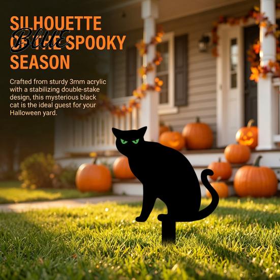 Outdoor Halloween Atmosphere Decor Garden Stake Black Cat Yard Sign with Glow-in-the-dark Ghost Signs Eyes Waterproof Spooky Silhouette for