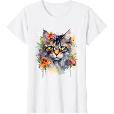 Floral Watercolor Maine Coon Cat T-Shirt