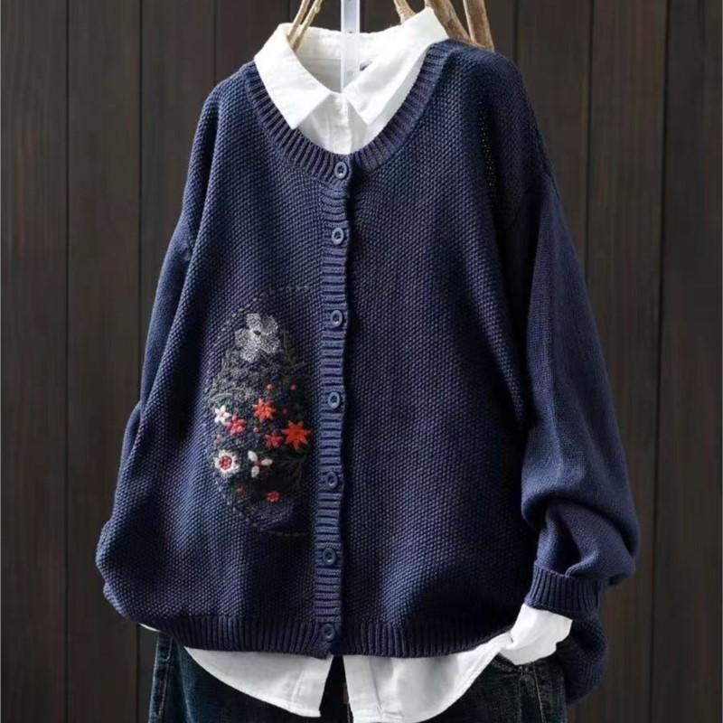Johnature Women Vintage Embroidery Floral Sweaters O-Neck Long Sleeve Solid Color Button Knitted Autumn Sweaters