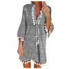 Womens Fashion 3/4 Sleeve Floral Print Dress Tassel Trim V Neck Mini Dress Casual Loose Fit Summer Dress