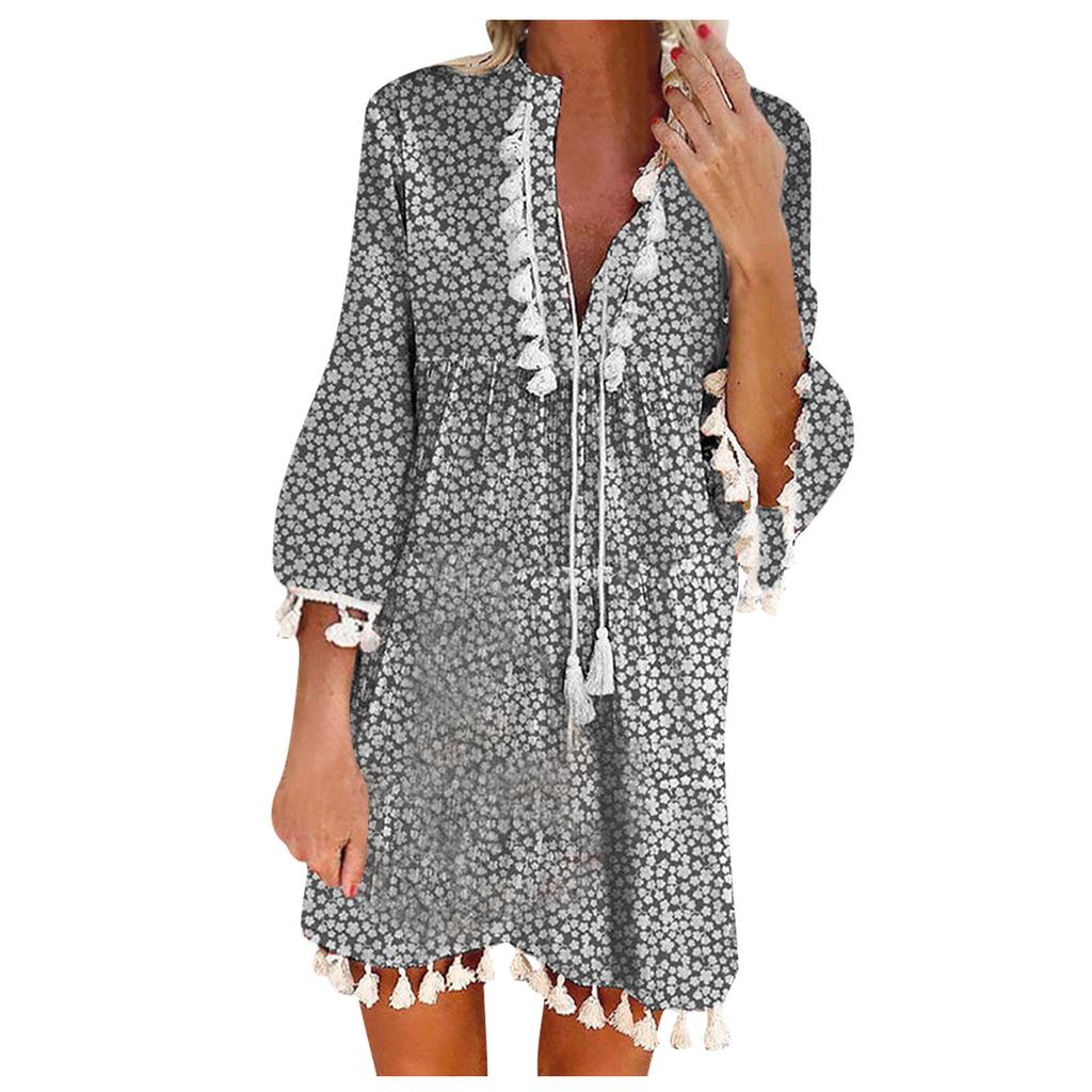 Womens Fashion 3/4 Sleeve Floral Print Dress Tassel Trim V Neck Mini Dress Casual Loose Fit Summer Dress