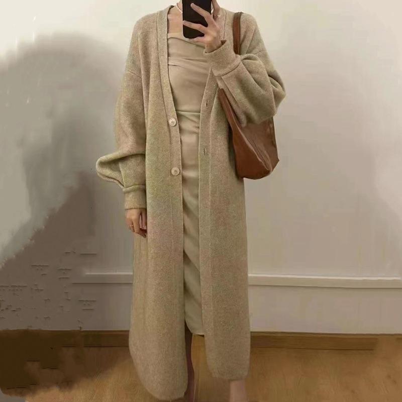 

Осень и зима новый кардиган-жакет вязаный свитер длиной до колена утолщенный однотонный свободный ленивый плащ One size верблюд