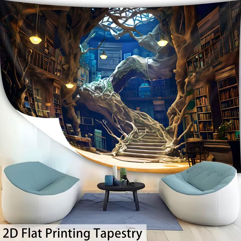 2D Dark Academia Tapestry Magical Tree Library In Enchanted Forest Wall Hanging