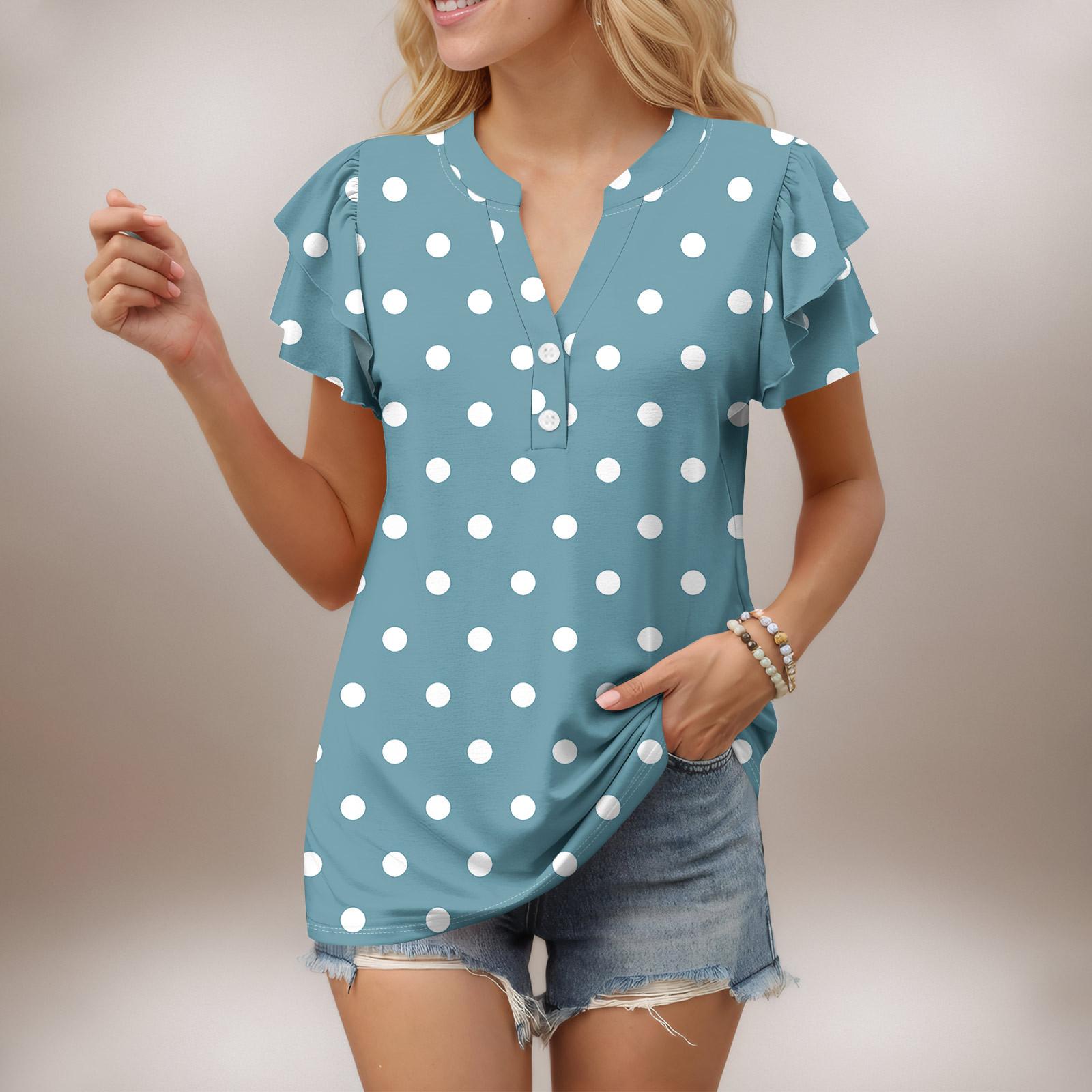 

Женский повседневный топ с короткими рукавами, застегивающийся на пуговицы и V-образным вырезом, с градиентными оборками и принтами XL небесно-голубой