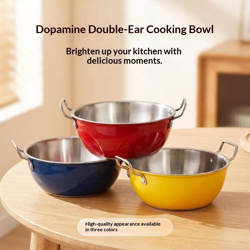 Colored Design Stainless Steel Kitchen Cooking Bowls Dual Handle Food Grade Anti-scald Bowl for Home Restaurant Use 1PC