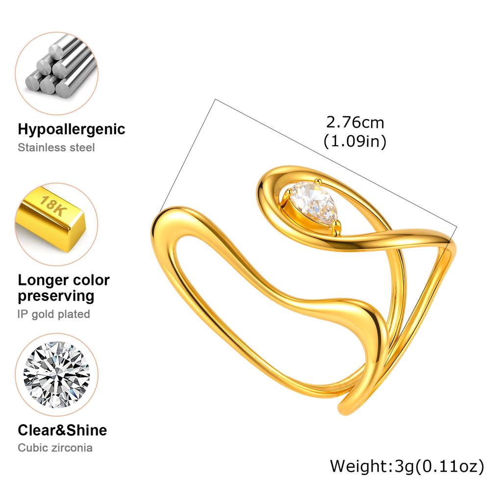 Fashion Shiny Zircon Geometric Line Open Rings for Women, High Quality Stainless Steel Ring, Gold Plated Luxury Finger Jewelry