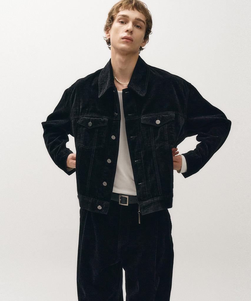 Noirer Velvet Texture Denim Trucker Jacket (Black)
