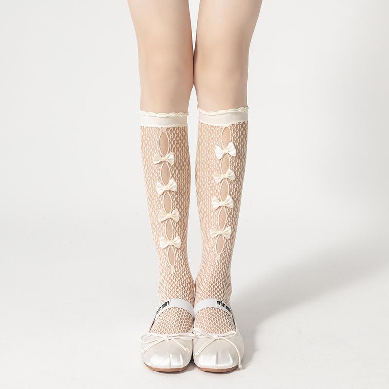 Dámské jarní a letní tenké vykrojené ponožky pod koleno s mašlí a rybářskou sítí preppy stylu