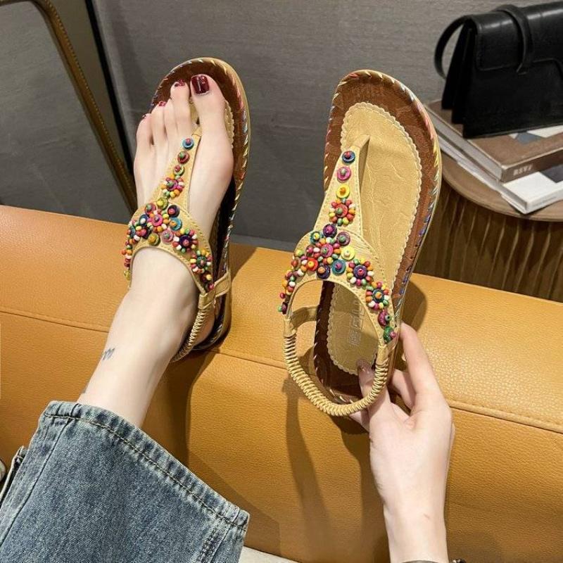 Bohemia Sandals for Women Beach One Word Woman Shoes Flat Rubber Summer 2025 Comfortable Wholesale Shoe Luxury Designer Trending
