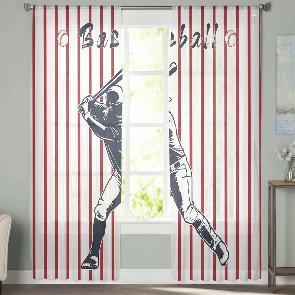 Red Stripes American Baseball Modern Printed Tulle Curtains for Bedroom Balcony Window Decor Creative Fashion Home Sheer Curtain