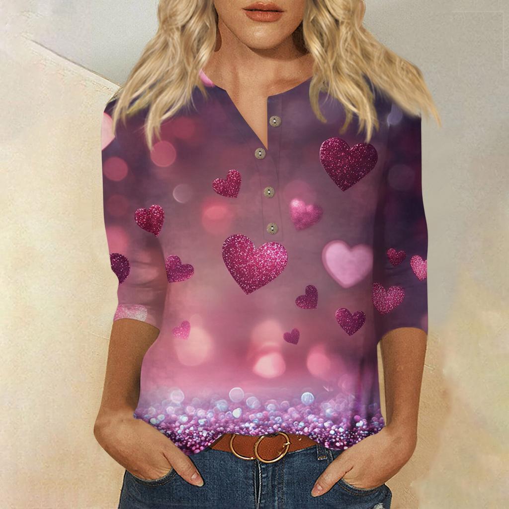 Moda feminina casual botão 3/4 manga dia dos namorados estampado pescoço top
