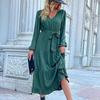 Chiffon Elegant Women Dress High Waist A-Line Long Sleeve V-Neck Knee Length Solid Autumn Winter