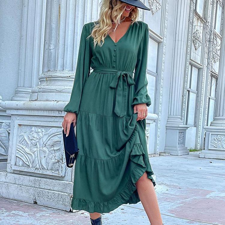 Chiffon Elegant Women Dress High Waist A-Line Long Sleeve V-Neck Knee Length Solid Autumn Winter