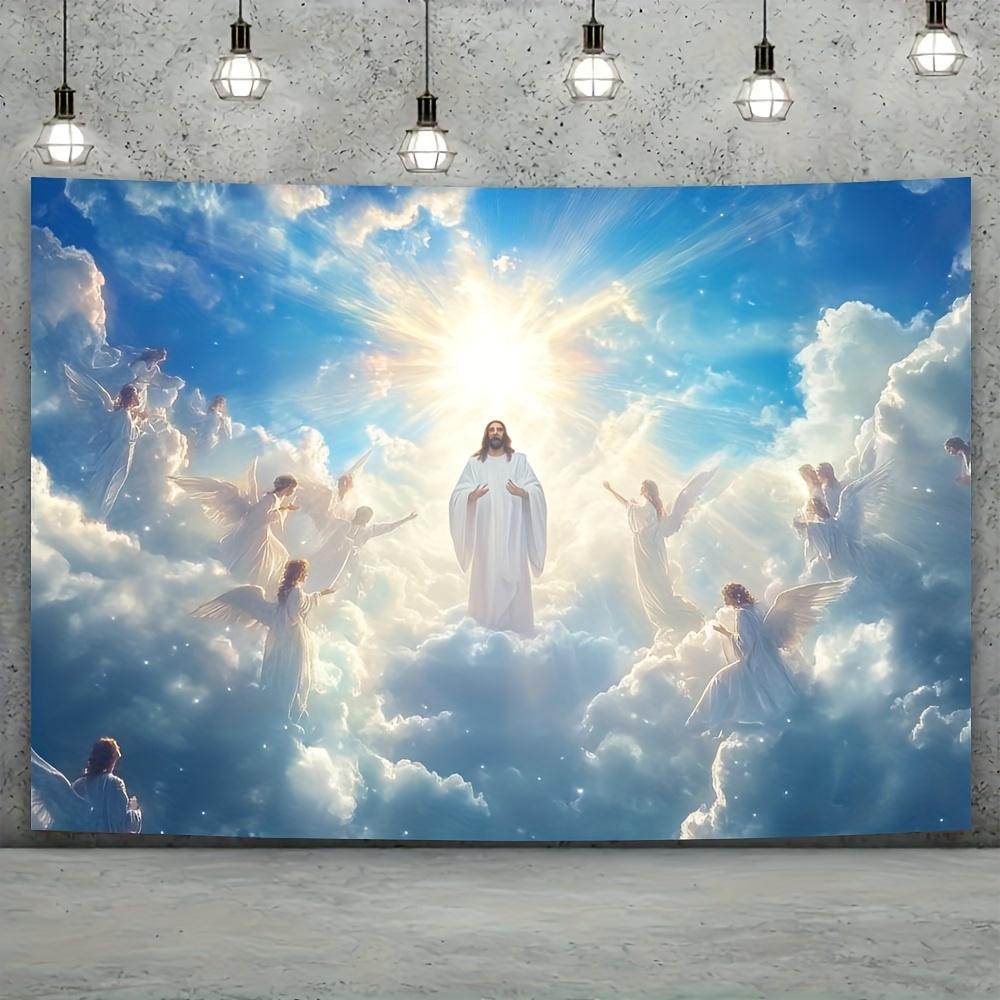 Wall Mural with Cloud and Light Background, with Jesus Christ and Angels In Heaven, for Home or Church Decoration
