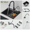 304 Stainless Steel Brushed Waterfall Kitchen Sink 4-Hole Large Single Slot Integrated Faucet Set Soap Dispenser/Pure Water/Cup