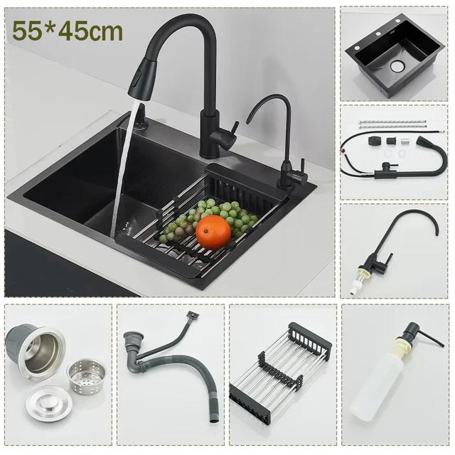 304 Stainless Steel Brushed Waterfall Kitchen Sink 4-Hole Large Single Slot Integrated Faucet Set Soap Dispenser/Pure Water/Cup