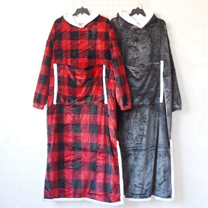 Export Single Winter Double Layer Thickened Flannel Heattech Hooded Pajamas Nightgown Lengthened Plus Size Couple Home Wear