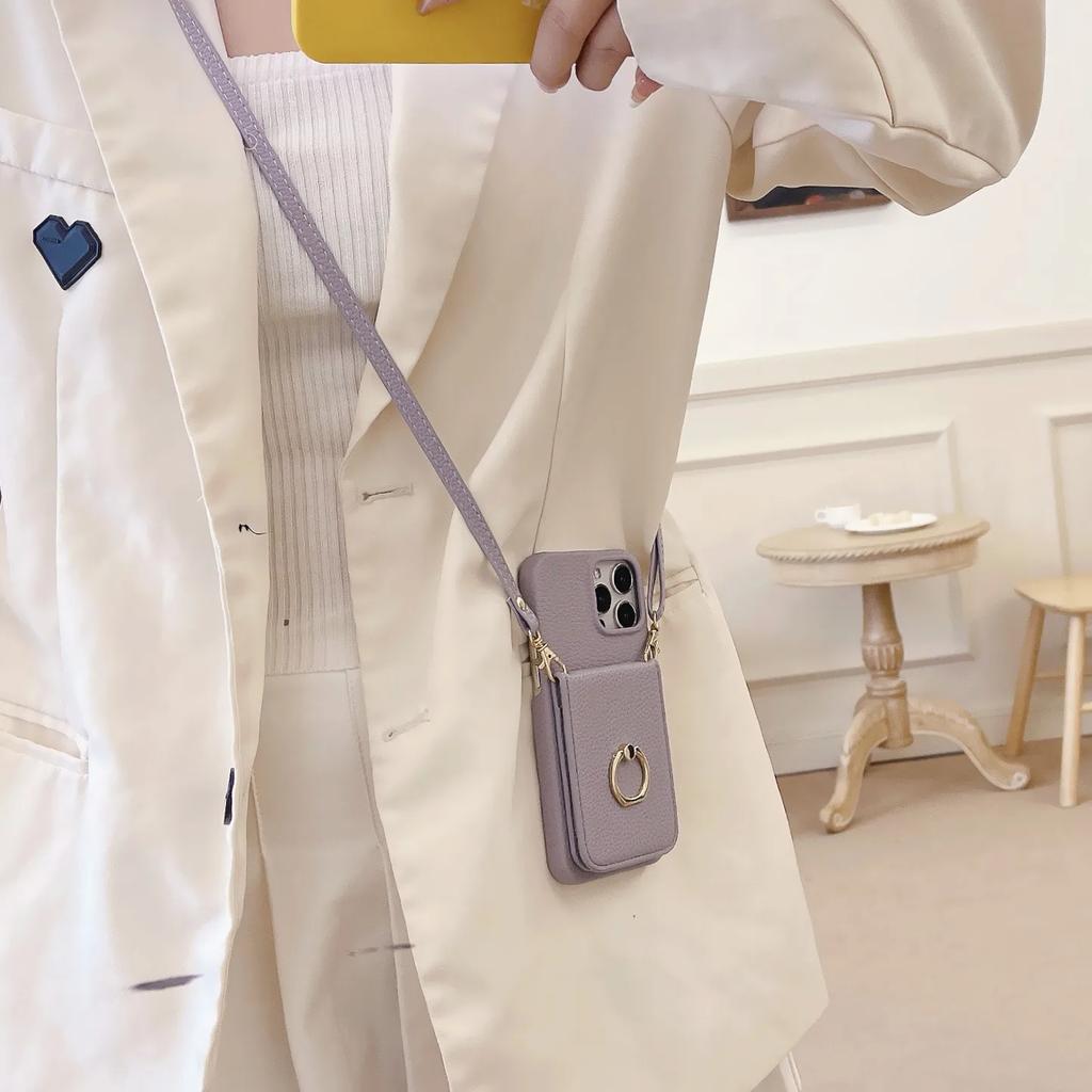 Ring Stand Phone Case For iPhone 17 Air 16 15 14 Plus 13 12 11 Pro Max Pocket Credit Card Holder Crossbody Lanyard Leather Cover