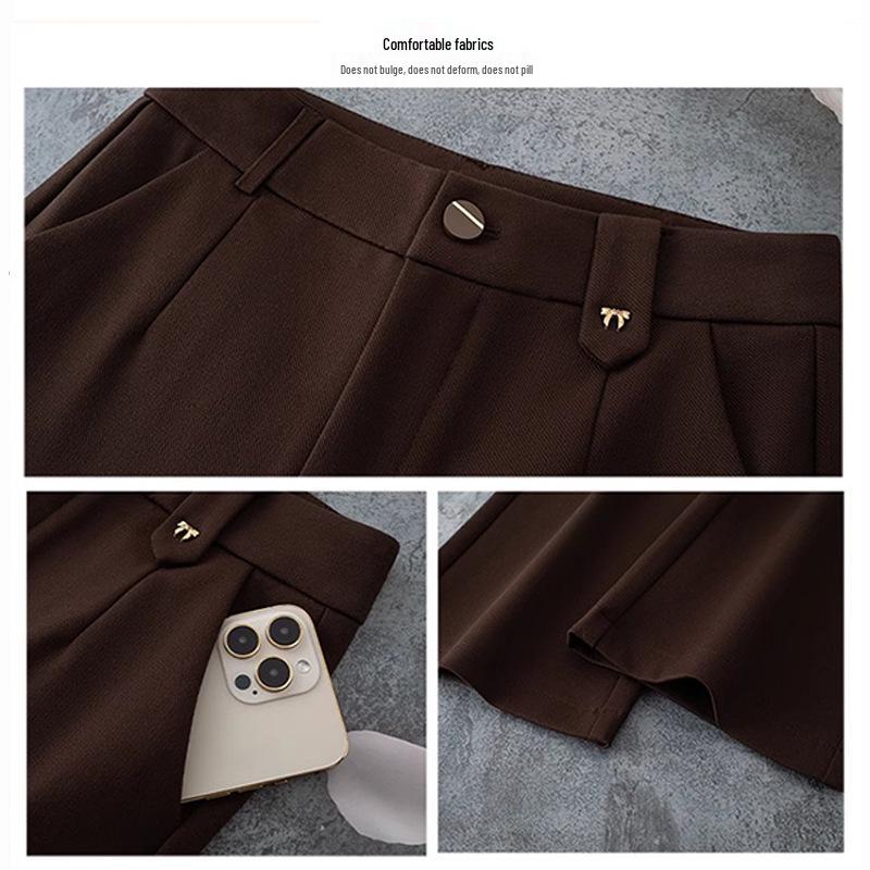 Fleece-Lined High-Waisted Slimming Pants - Women's Autumn/Winter Coffee Color