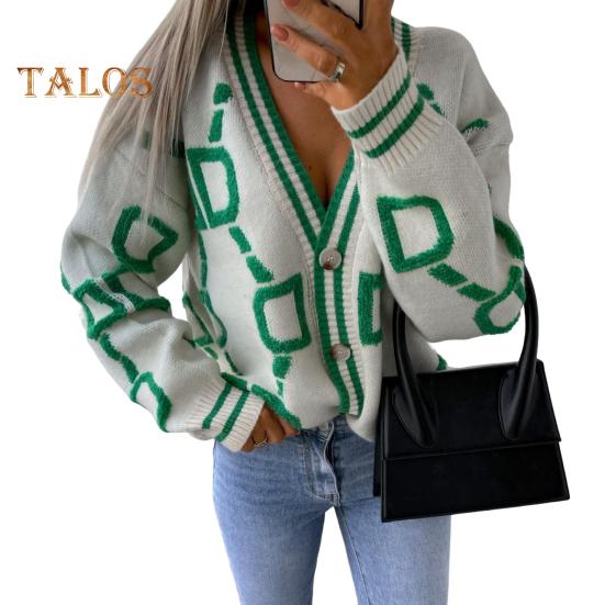 Damen Pullover Mantel V-Ausschnitt Langarm Buchstabenprint Einreihig Strickpullover Lockere Passform Warm Strickjacke