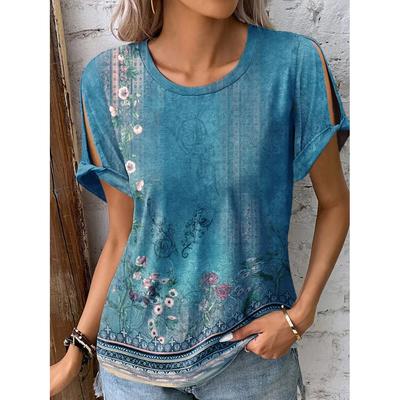 Summer Women's Hallow Short Sleeve Floral Printed T-shirt