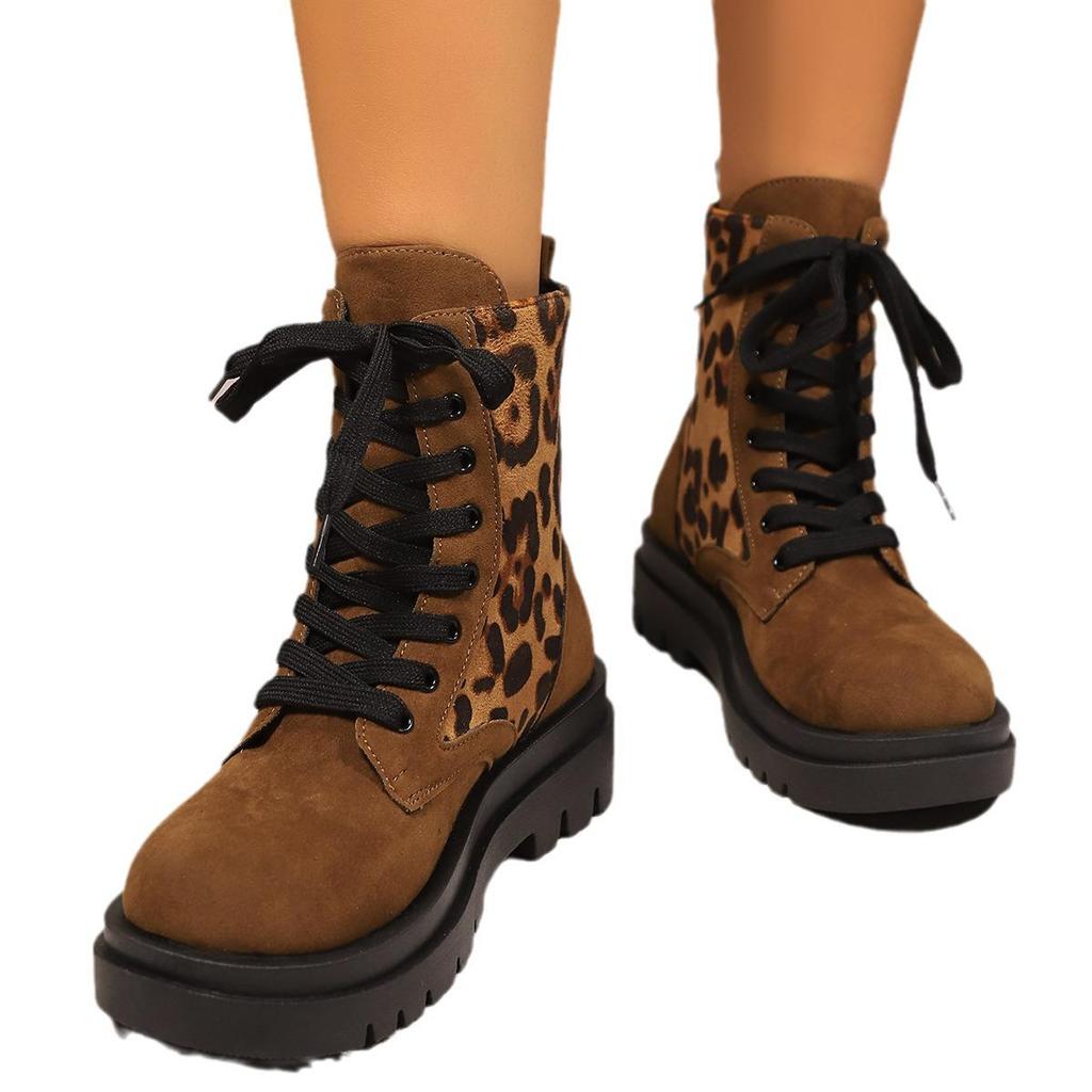 Fashionable Leopard Print Lace-Up Thick Sole Martin Boots for Women, European & American Style, Versatile for Spring & Autumn Season.