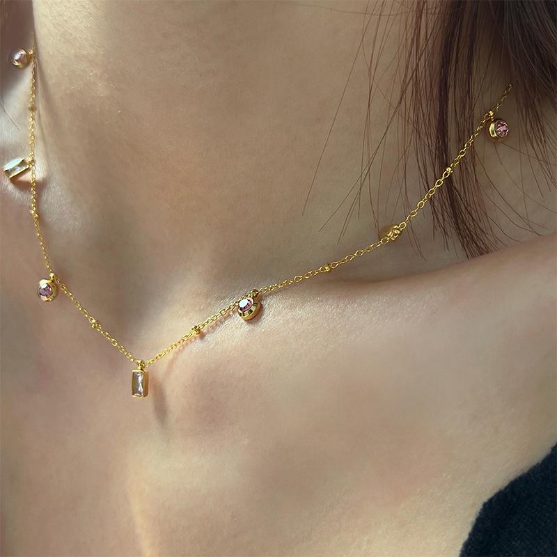 Elegant Pink Zircon Tassel Necklace - Titanium Clavicle Chain