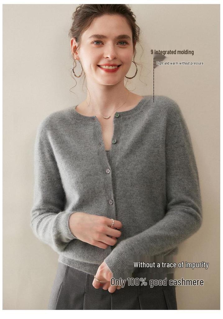 Leka Sha 100% Cashmere Women's Round Neck Single-Breasted Cardigan Jacket